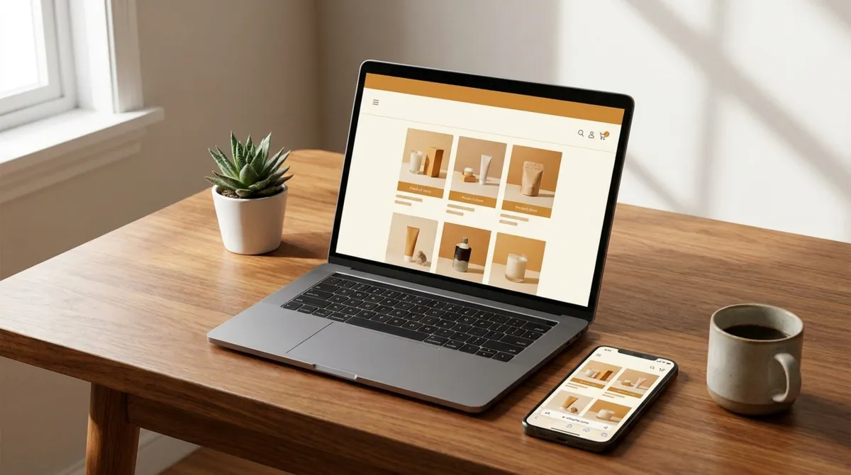 Laptop and smartphone on a warm wooden desk, both displaying a clean e-commerce website layout, with a coffee cup and potted plant in natural window light