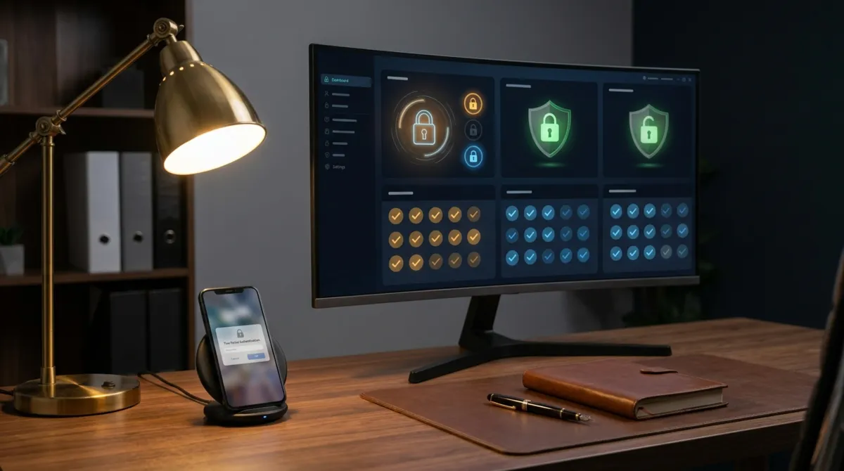 A financial services desk with a large monitor showing a security dashboard with lock icons and compliance indicators, a smartphone displaying a two-factor authentication prompt, warm desk lamp lighting