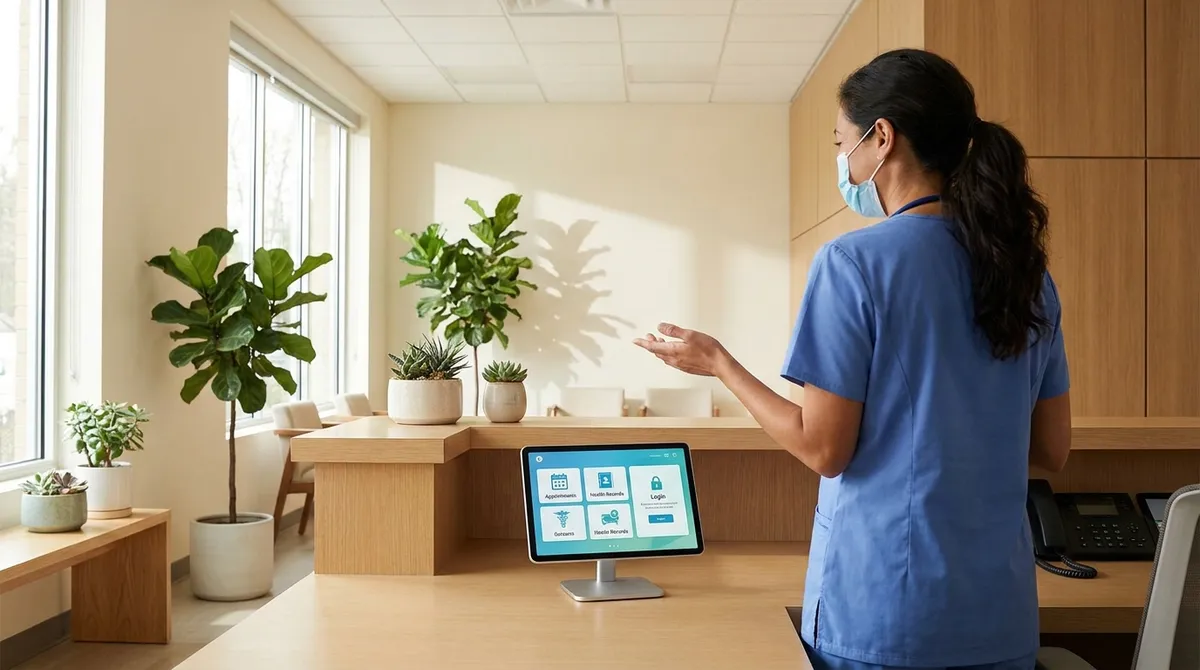 A bright medical clinic reception area with natural daylight, a tablet on the desk showing a patient portal interface, a healthcare professional in scrubs nearby