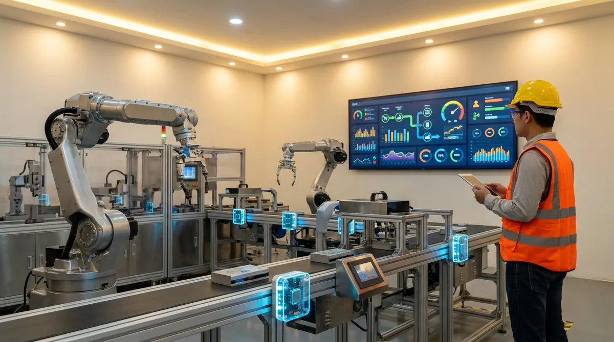 A modern factory floor with industrial machinery and IoT sensor displays, a large digital dashboard on the wall showing production metrics, a person in safety gear reviewing the data