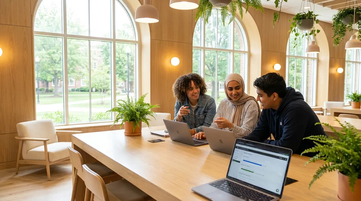 Three diverse students collaborating on laptops around a wooden table in a bright modern learning space with natural daylight and plants