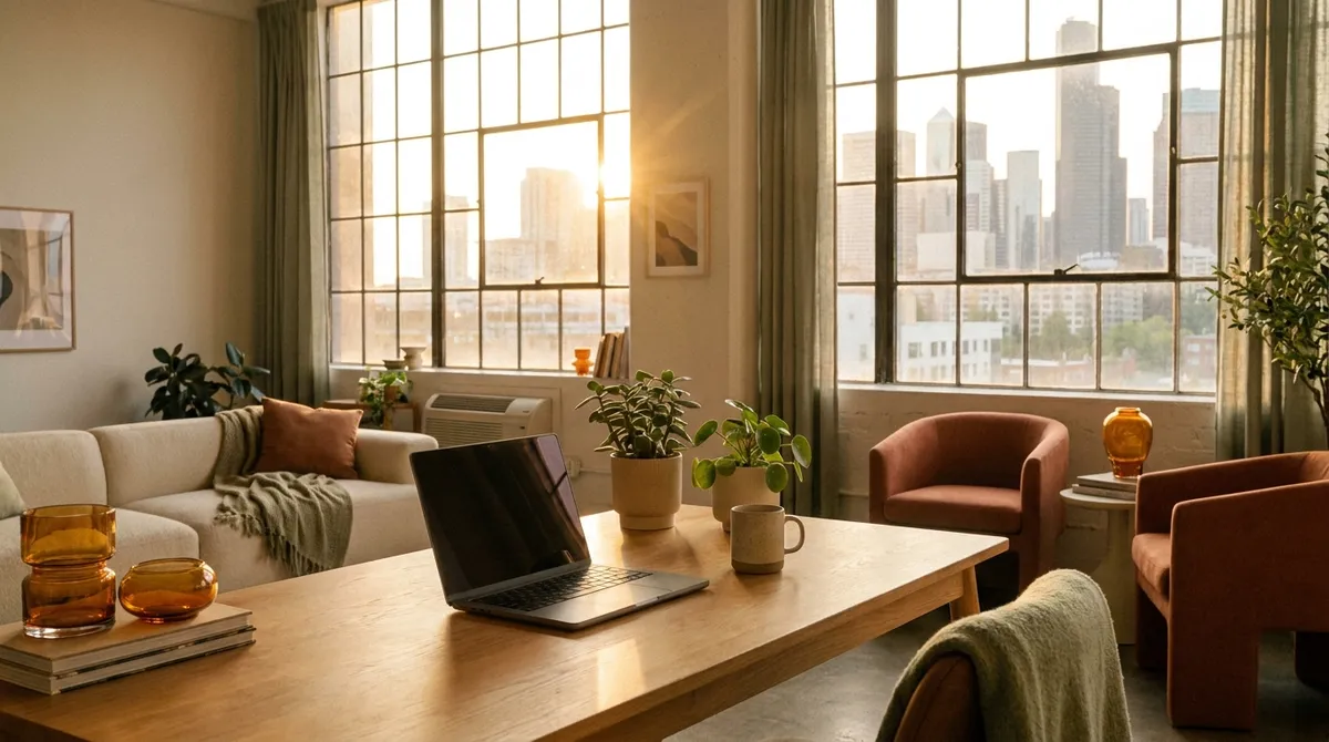 A warm, light-filled workspace interior at golden hour