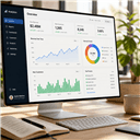 Data analytics dashboard on a bright screen with bar charts, trend lines, and KPI metrics beside a notebook and pen