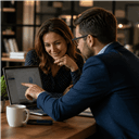 Consultant leaning in to help a client at a laptop, pointing at the screen while the client looks on with understanding